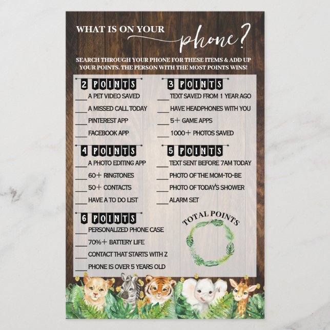Was auf Ihrer Phone Safari Baby Shower Game Card Flyer (Vorne)
