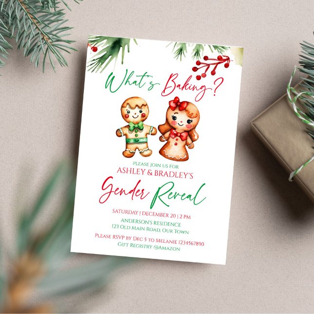 Was backt Lebkuchen Weihnachtsgeschlecht offenbart Einladung (What's baking gingerbread Christmas gender reveal editable template Invitation digital download)