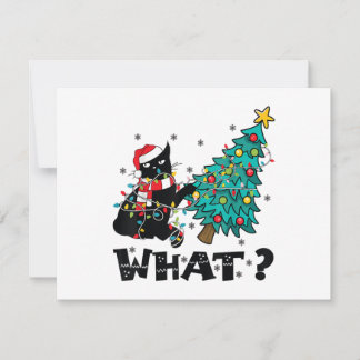 WAS Funny Black Cat Santa Pushing Weihnachtsbaum