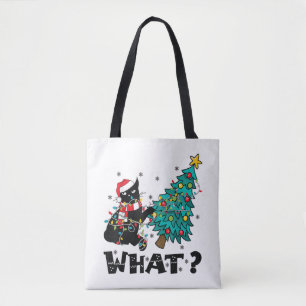 WAS Funny Black Cat Santa Pushing Weihnachtsbaum