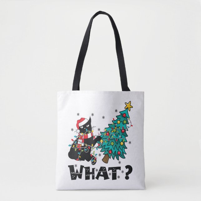 WAS Funny Black Cat Santa Pushing Weihnachtsbaum (Vorderseite)