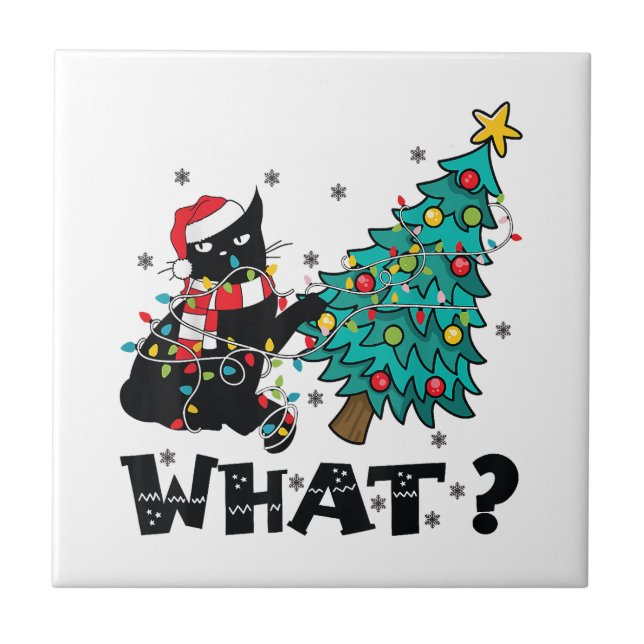 WAS Funny Black Cat Santa Pushing Weihnachtsbaum Fliese (Vorderseite)