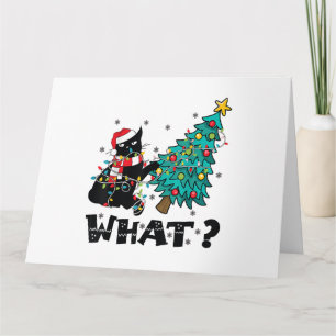 WAS Funny Black Cat Santa Pushing Weihnachtsbaum Karte