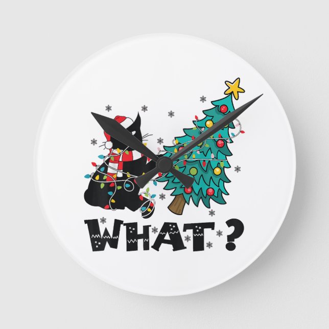 WAS Funny Black Cat Santa Pushing Weihnachtsbaum Runde Wanduhr (Vorderseite)