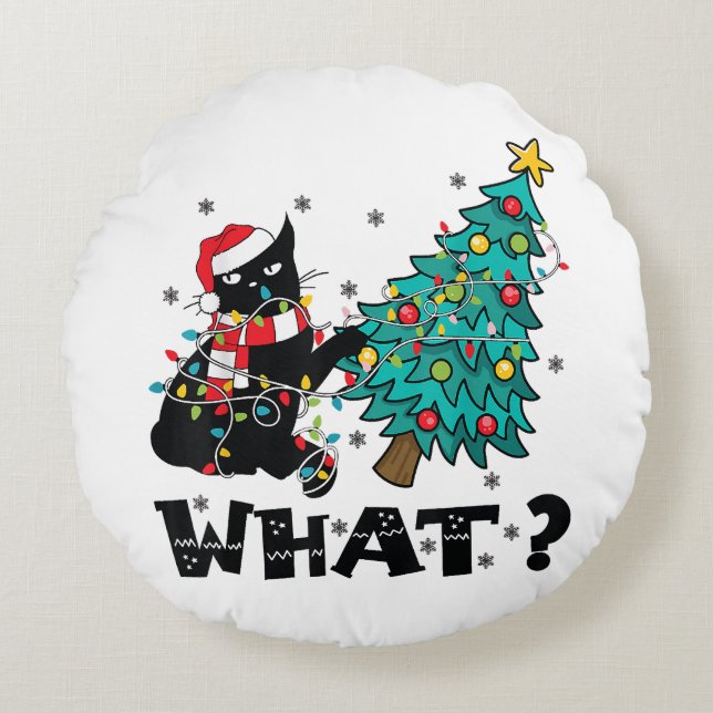 WAS Funny Black Cat Santa Pushing Weihnachtsbaum Rundes Kissen (Vorderseite)