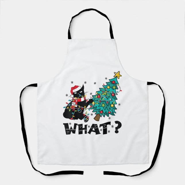 WAS Funny Black Cat Santa Pushing Weihnachtsbaum Schürze (Vorderseite)