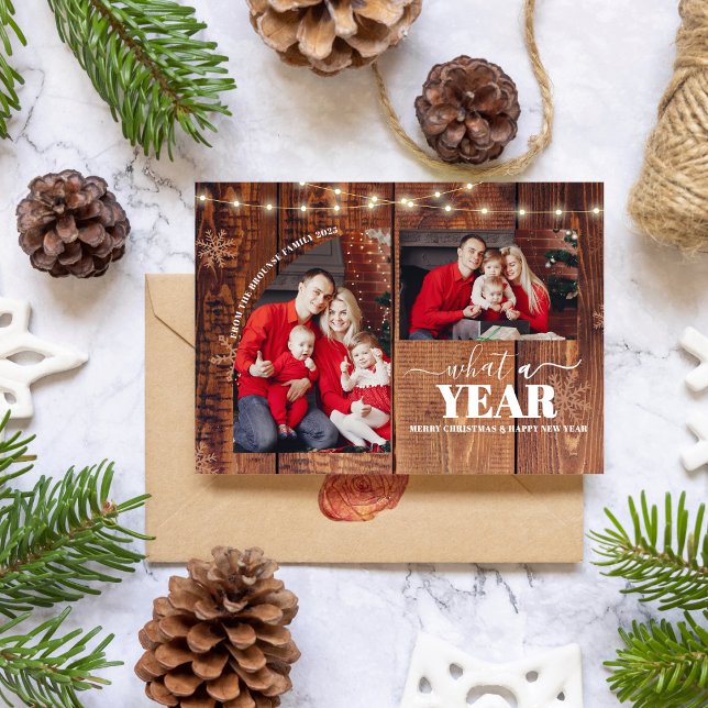 Was für ein Jahr Multi Foto Collage Weihnachten Ru Karte (What a Year Multi Photo Collage Christmas Rustic Card happy new year farmhouse)