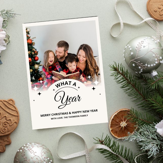 Was für ein Jahr, um Multi-Foto Moderne Weihnachte Karte (year in review what a year photo collage simple holiday photo minimalist christmas picture black )