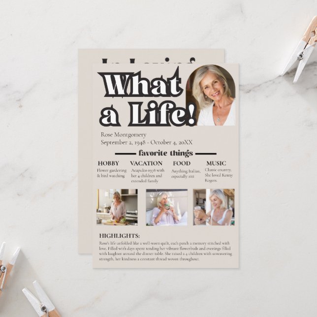 Was für ein Leben in Erinnerung an die Geschichte  Einladung (Vorderseite/Rückseite Beispiel)