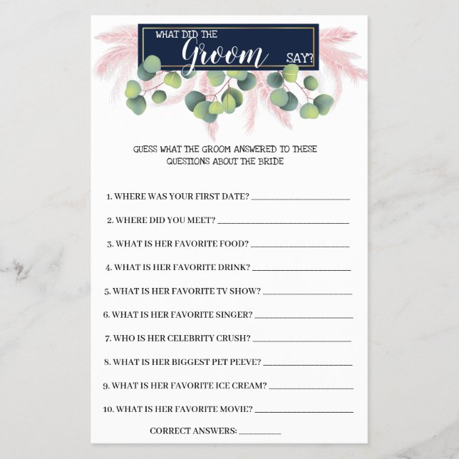 Was Groom sagt Pampas Grass BridalShower Game Card Flyer (Vorne)