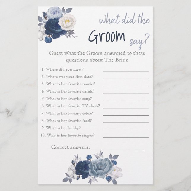 Was hat der Groom gesagt? Blauer Blume Duschspiel Flyer (Vorne)
