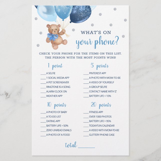 Was ist auf deinem Handy Game Baby Shower Teddy Bä (Vorderseite)