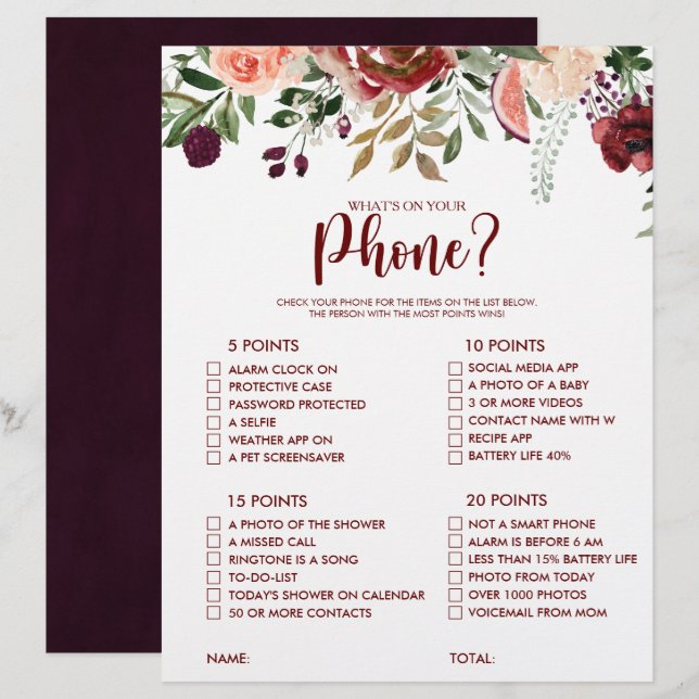 Was ist auf deinem Handy Rustic Brautparty Game (Vorne/Hinten)