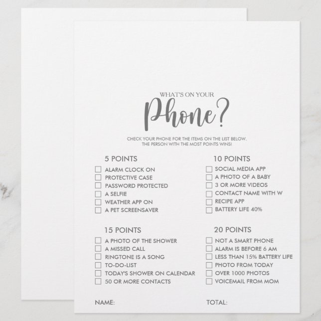 Was ist auf deinem Handy Silver Brautparty Game? (Vorne/Hinten)