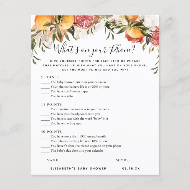 Was ist auf deinem Telefon? | Baby Showspiel (Vorderseite)