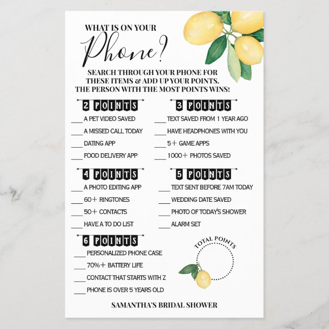 Was ist auf Ihrer Phone Lemons Shower Game Card? Flyer (Vorne)