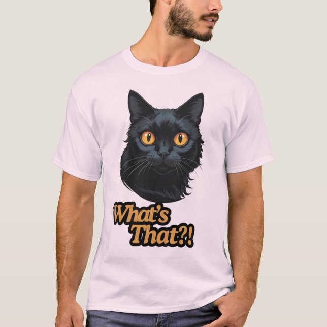Was ist das? Überraschende schwarze Katze mit oran T-Shirt (Vorderseite)