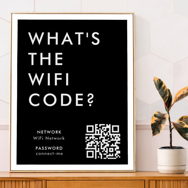 Was ist der WiFi-Code? | Network Password Black QR Poster (What's the WiFi Code? poster print with QR code to connect seamlessly to your Wi-Fi)