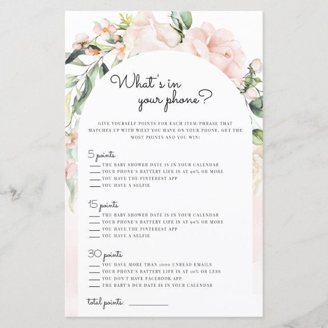 Was ist in deinem Handy Blush Girl Baby Shower Gam (Vorderseite)