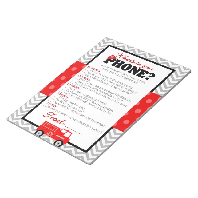 Was ist in deinem Handy Fireruck Baby Shower Game Notizblock (angewinkelt)