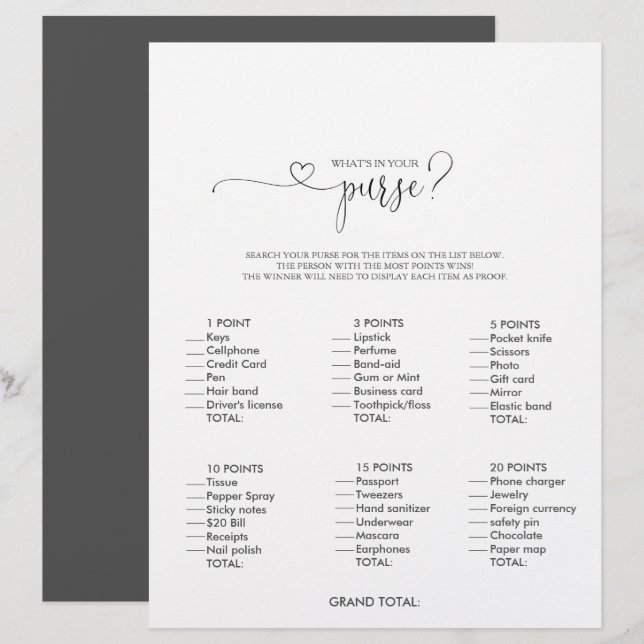 Was ist in deinem Purse Script Brautparty Game? (Vorne/Hinten)