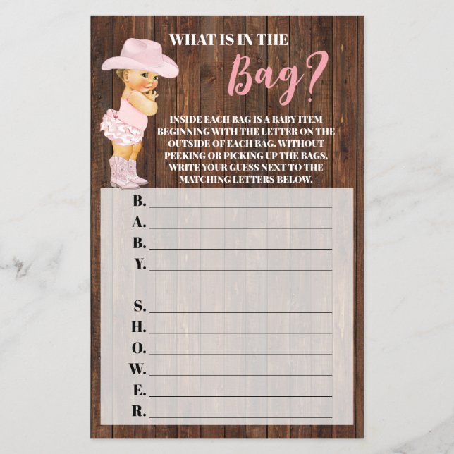 Was ist in der Bag Cowgirl Baby Shower Game Karte? Flyer (Vorne)