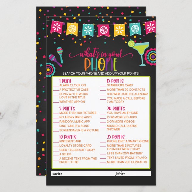 Was ist in Ihrem Phone Brautparty Game - Fiesta (Vorne/Hinten)