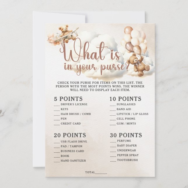WAS IST IN IHREM PURSE Baby Shower Game Niedlich B Einladung (Vorderseite)