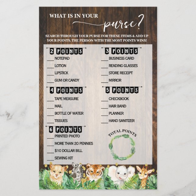Was ist in Ihrem Purse Safari Baby Shower Game? Flyer (Vorne)