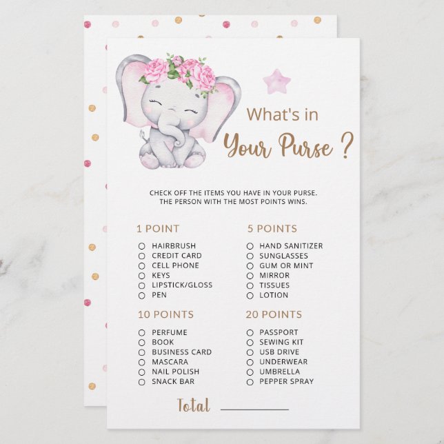 Was ist in Ihrer Purse Baby Elephant Baby Dusche? (Vorne/Hinten)