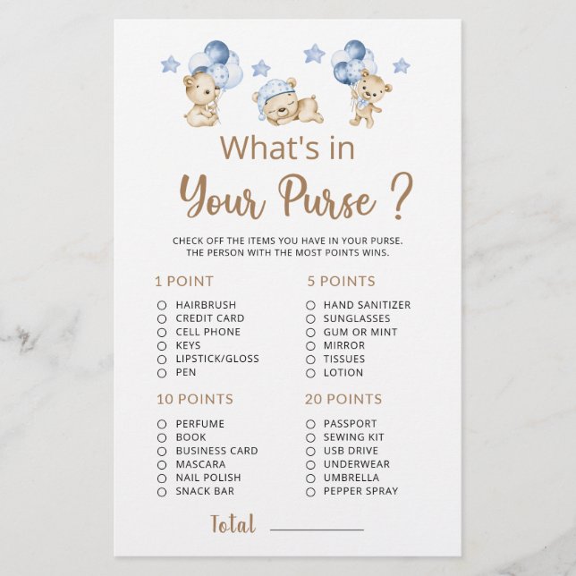 Was ist in Ihrer Purse Teddy Bären Boy Baby Dusche (Vorderseite)