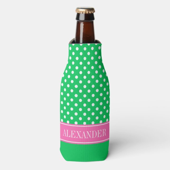 Was Polka Dot CB Hot Pink Name Monogram Flaschenkühler (Flaschenvorderseite)