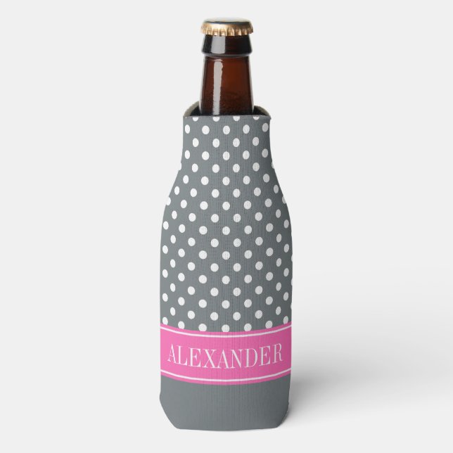 Was Polka Dot CB Hot Pink Name Monogram Flaschenkühler (Flaschenvorderseite)