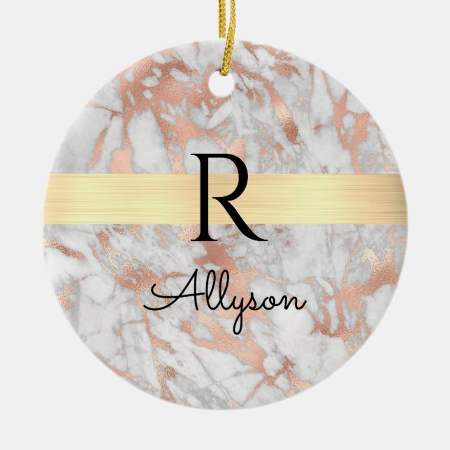Was & Rose Gold Marmor Gold Bar, Blk Name Monogram Keramik Ornament (Vorne)