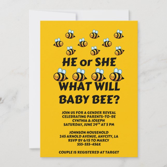 Was wird Baby Bee Geschlecht Enthüllung Einladung (Vorderseite)