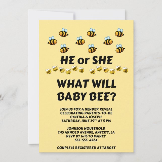 Was Wird Baby Bee Geschlecht Reveal Einladung (Vorderseite)