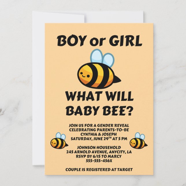 Was Wird Baby Bee Geschlecht Reveal Einladung (Vorderseite)