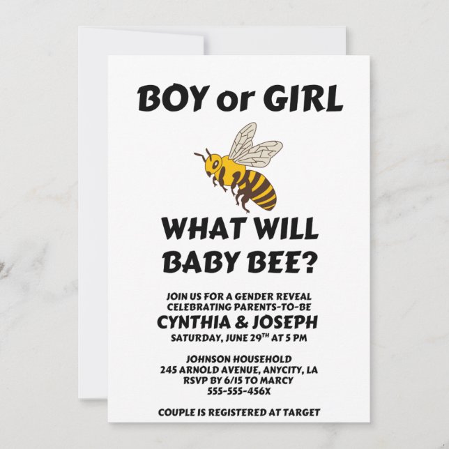 Was Wird Baby Bee Geschlecht Reveal Einladung (Vorderseite)