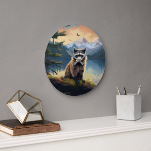 Waschbär auf einem Baumstamm Waldsee Große Wanduhr