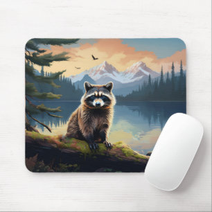Waschbär auf einem Baumstamm Waldsee Mousepad