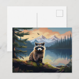 Waschbär auf einem Baumstamm Waldsee Postkarte