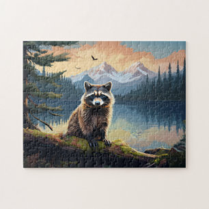 Waschbär auf einem Baumstamm Waldsee Puzzle