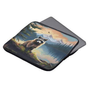 Waschbär auf einem Holzstamm Waldsee Laptopschutzhülle