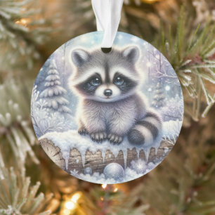 Waschbär auf einem schneebedeckten Baumstamm & Chr Ornament