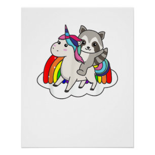 Waschbär auf Einhorn Regenbogen Tiere Süße Einhörn Poster