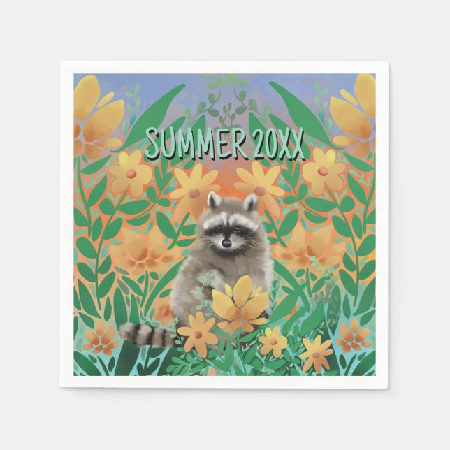 Waschbär Blumen Sommer Serviette (Vorderseite)