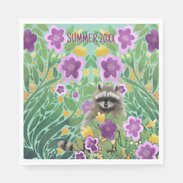 Waschbär Blumen Sommer Serviette (Vorderseite)