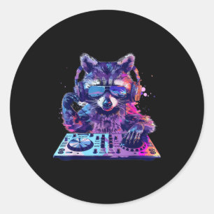 Waschbär Dj Edm Techno House Musik Lustiges Tier L Runder Aufkleber