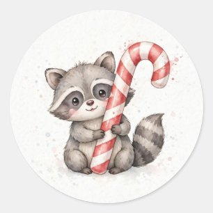 Waschbär hält riesigen Zuckerstangen-Klassiker Runder Aufkleber