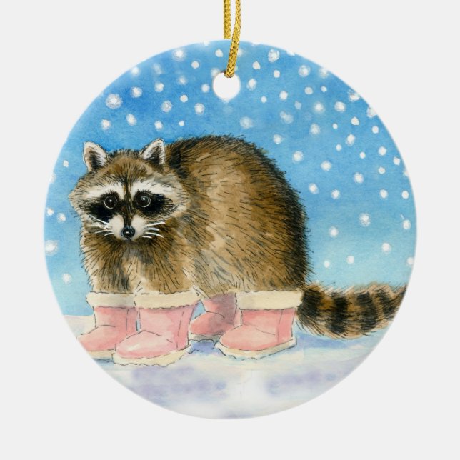 Waschbär im Rosa lädt Weihnachten oder Keramikornament (Vorne)